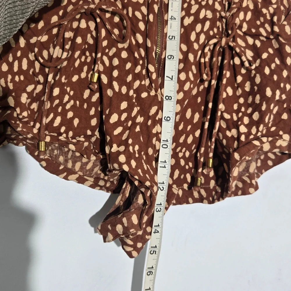 Free People Sz 6 Brown Spotted Lace Up Ruffle Hem Cotton Lounge Shorts‎ Womens
